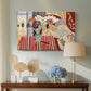 Canvas art print featuring an expressive interior with woman and bright flowers on table, displayed above a styled console table