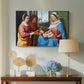 Canvas art print featuring a serene gathering of figures arranged in balanced composition, displayed above a styled console table