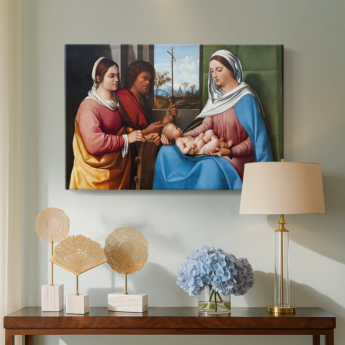 Canvas art print featuring a serene gathering of figures arranged in balanced composition, displayed above a styled console table