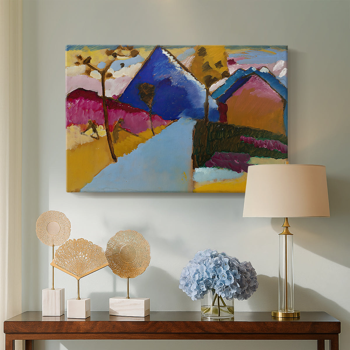 Canvas art print featuring an expressive composition blending architecture with color fields, displayed above a styled console table