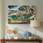 Canvas art print featuring an expressive landscape of colorful terrain and vegetation, displayed above a styled console table
