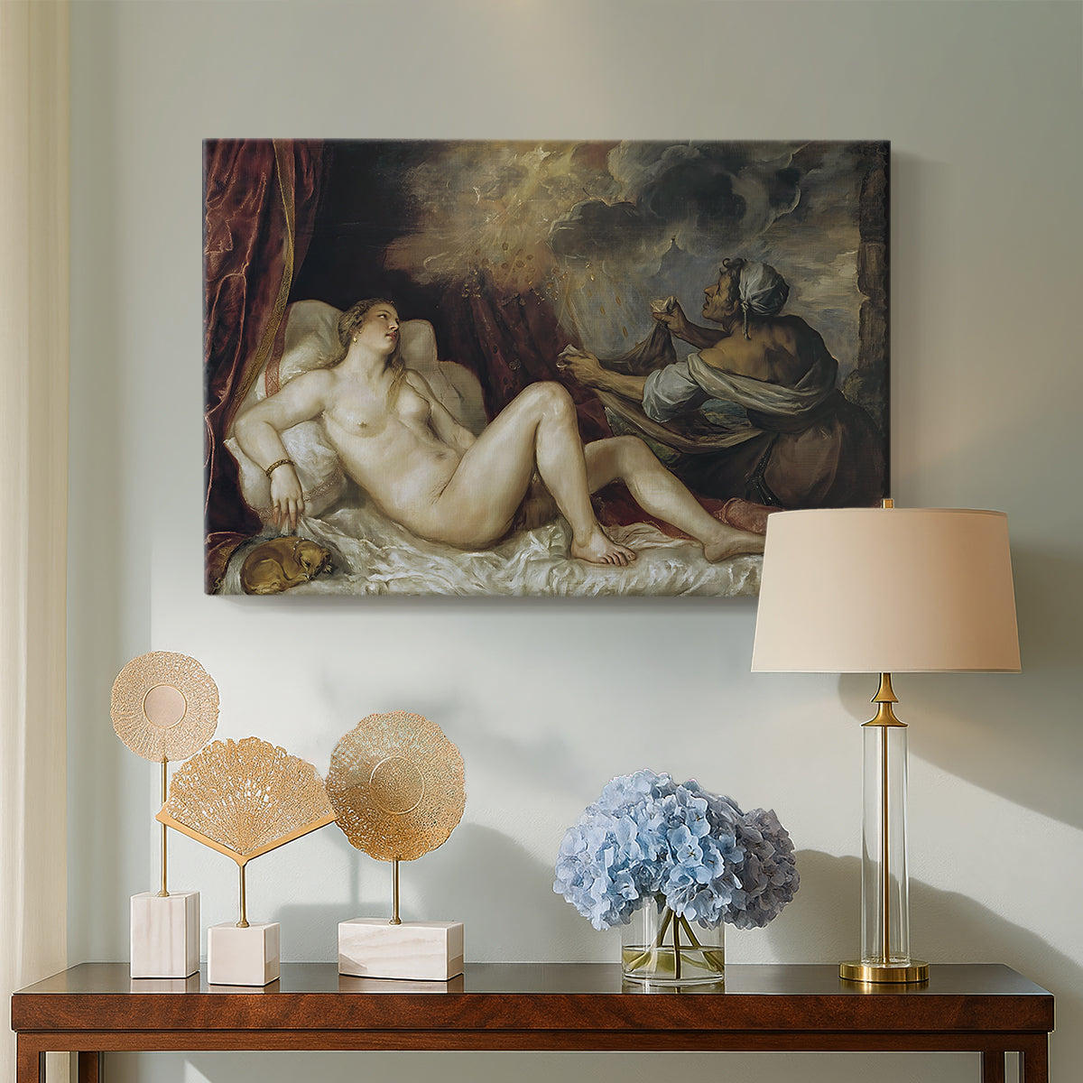 Canvas art print featuring a classical composition centered on reclining female nude, displayed above a styled console table