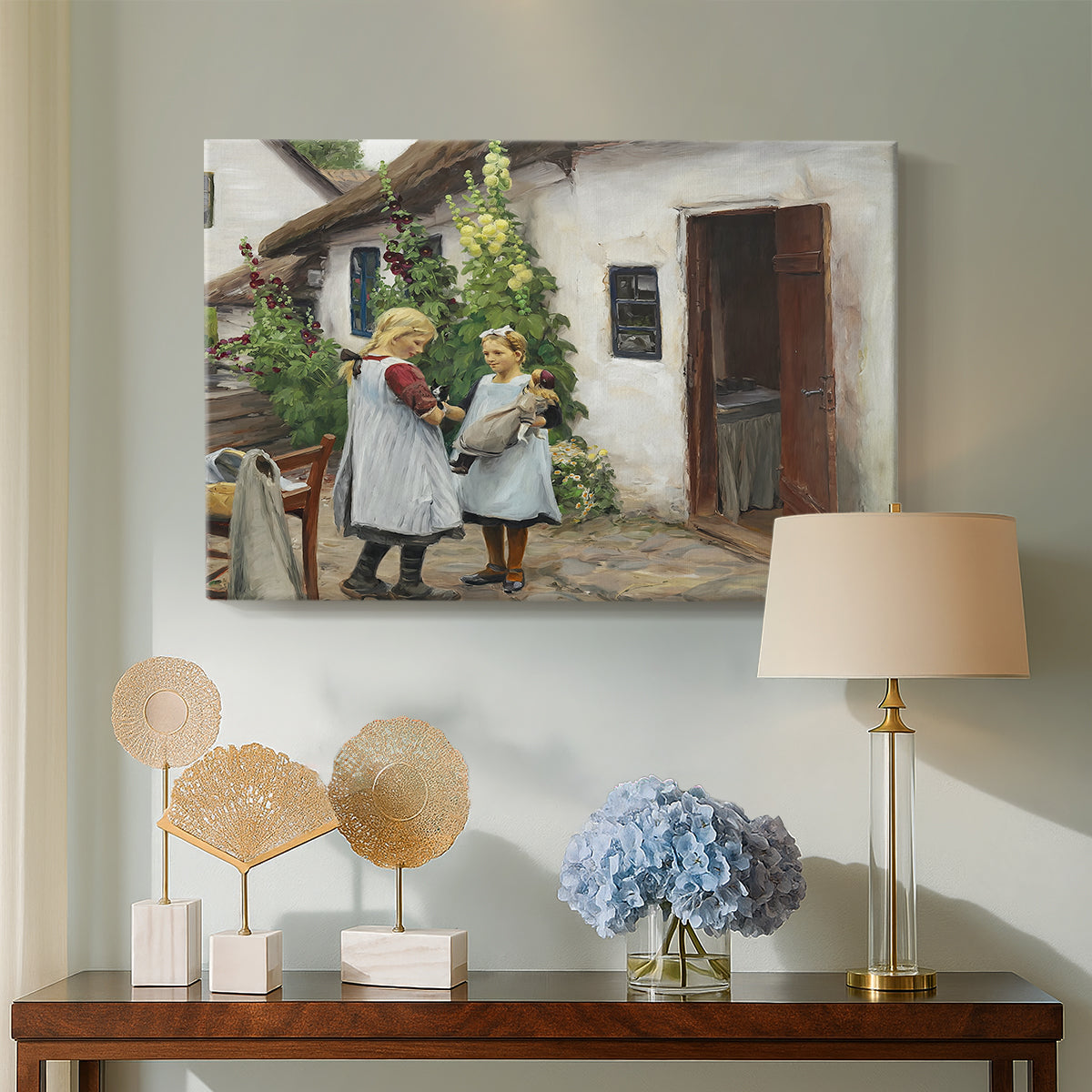 Canvas art print featuring a countryside interaction with people looking for small animal, displayed above a styled console table