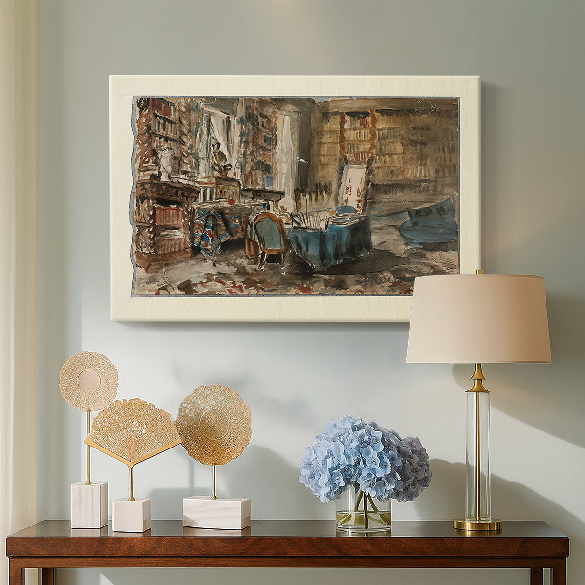 Canvas art print featuring a richly detailed room interior with literary atmosphere, displayed above a styled console table
