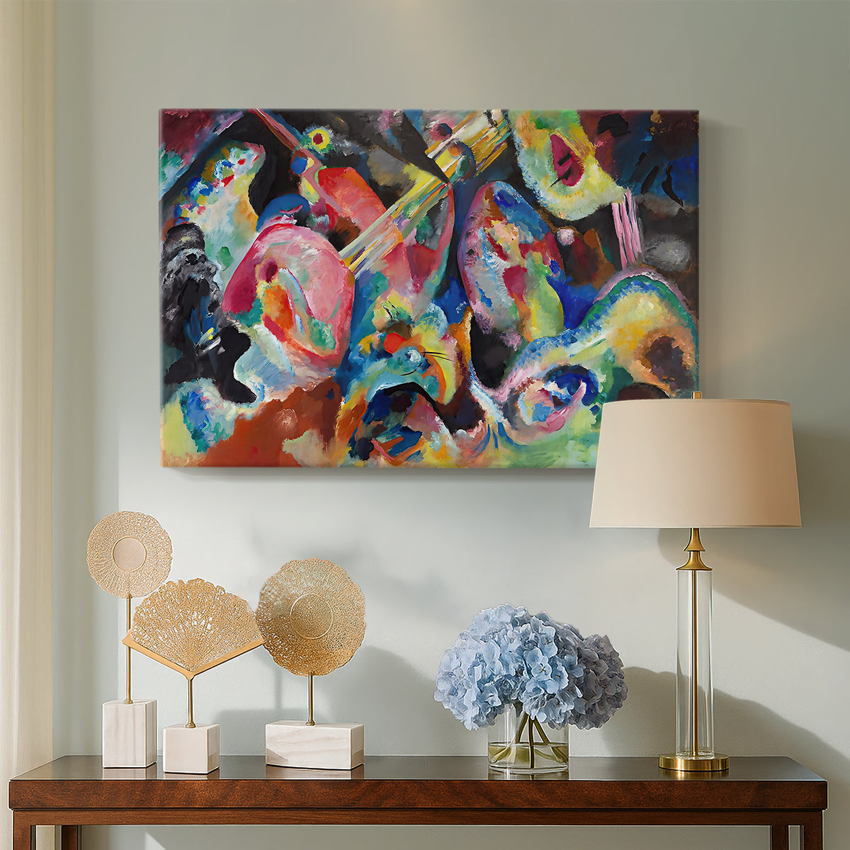 Canvas art print featuring a dynamic composition emphasizing intensity and visual disorder, displayed above a styled console table