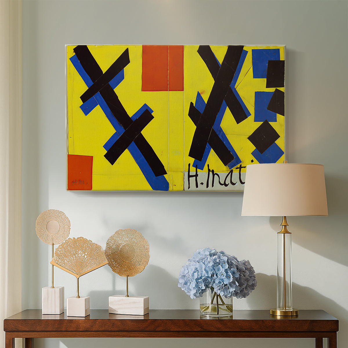 Canvas art print featuring a stylized composition with flat colors and structured layout, displayed above a styled console table