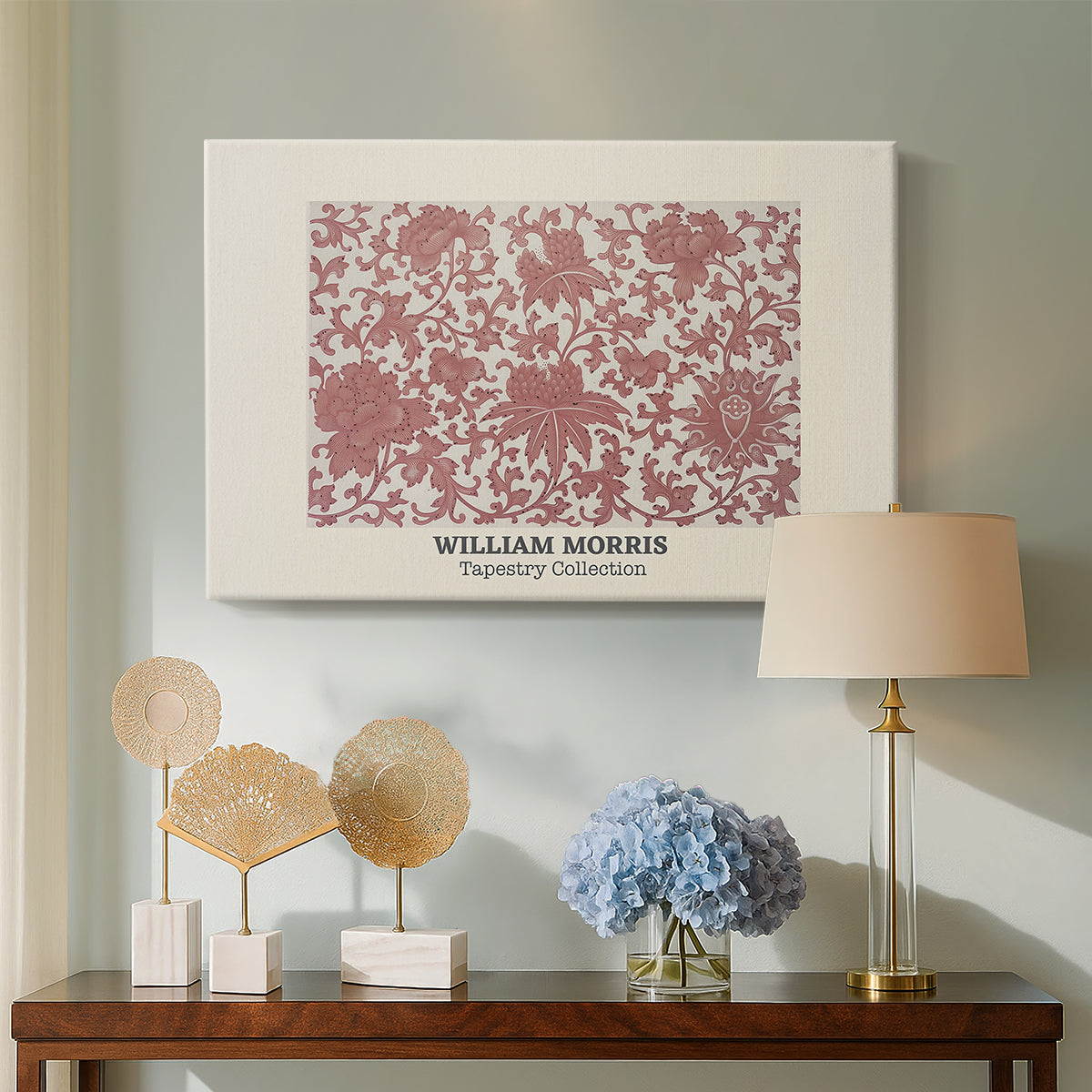 Canvas art print featuring a patterned composition with repeating shapes and stylized flowers, displayed above a styled console table
