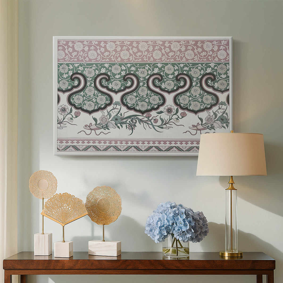 Canvas art print featuring a patterned composition featuring symmetrical abstract elements, displayed above a styled console table