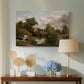 Canvas art print featuring an expressive landscape featuring animal near water, displayed above a styled console table