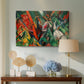 Canvas art print featuring a dynamic abstract painting with rhythmic lines and bold colors, displayed above a styled console table