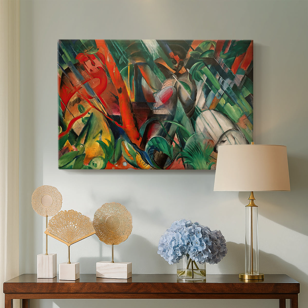 Canvas art print featuring a dynamic abstract painting with rhythmic lines and bold colors, displayed above a styled console table