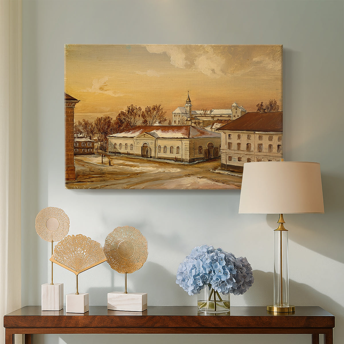 Canvas art print featuring an urban landscape featuring castle structures and activity, displayed above a styled console table