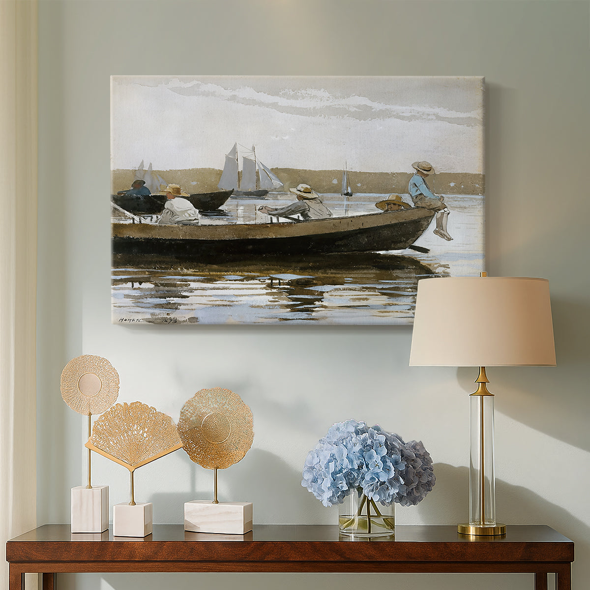 Canvas art print featuring a water composition focused on people within small boat, displayed above a styled console table