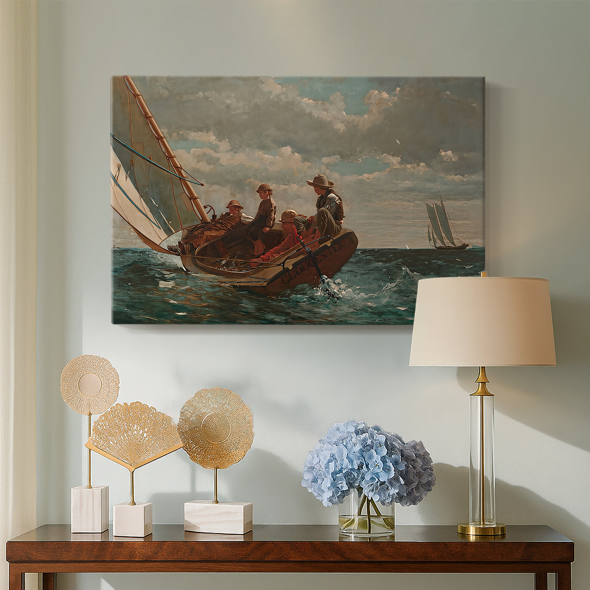 Canvas art print featuring an open sea composition with boat angled across waves, displayed above a styled console table