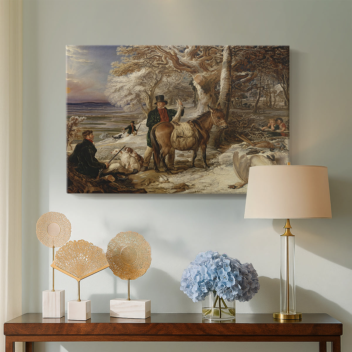 Canvas art print featuring a detailed composition showing hunting party and dogs, displayed above a styled console table