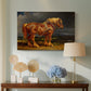 Canvas art print featuring a realistic depiction of working horse in natural terrain, displayed above a styled console table
