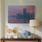 Canvas art print featuring an atmospheric London scene with buildings fading into haze, displayed above a styled console table