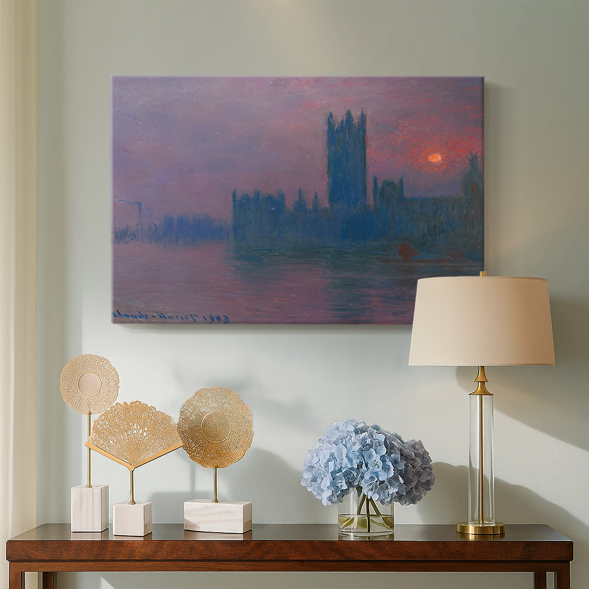 Canvas art print featuring an atmospheric London scene with buildings fading into haze, displayed above a styled console table