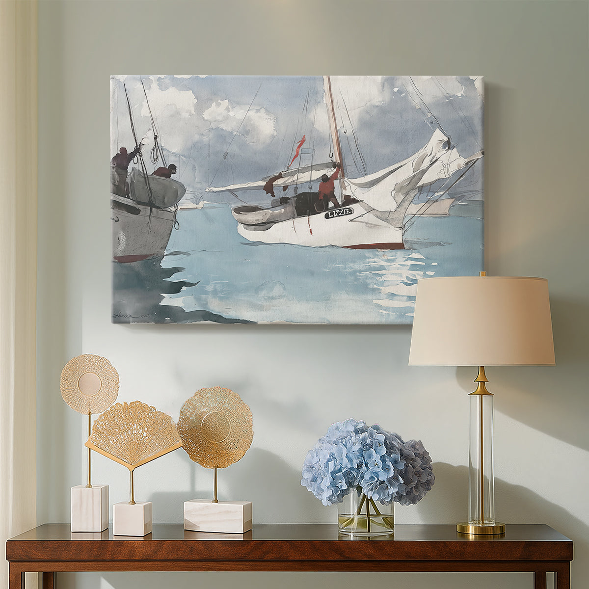 Canvas art print featuring a maritime composition featuring boats and calm sea surface, displayed above a styled console table