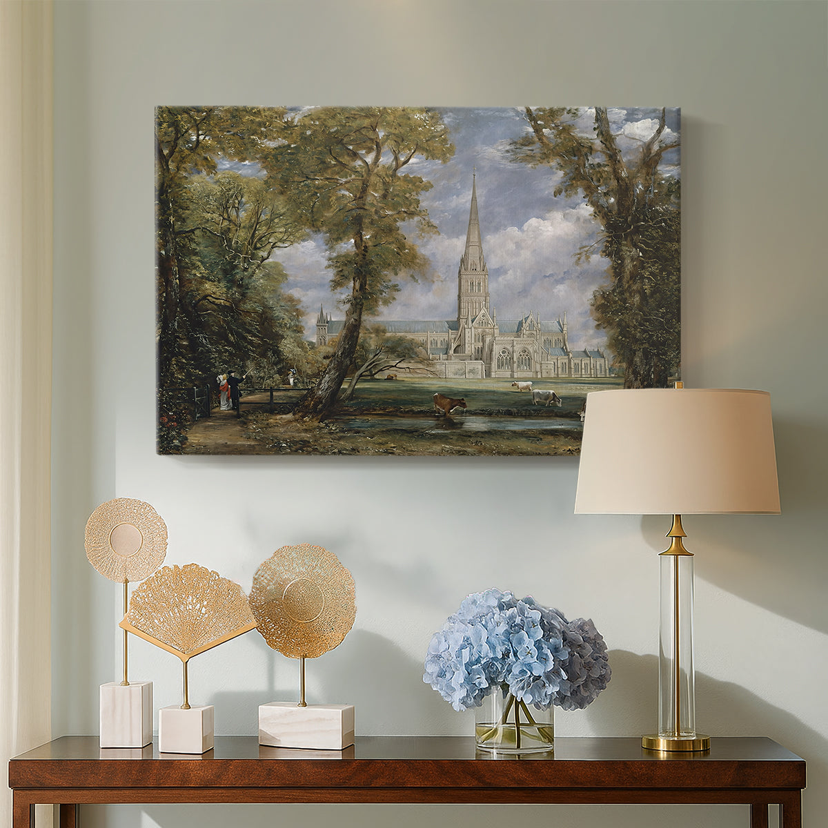 Canvas art print featuring an expressive landscape combining building, displayed above a styled console table