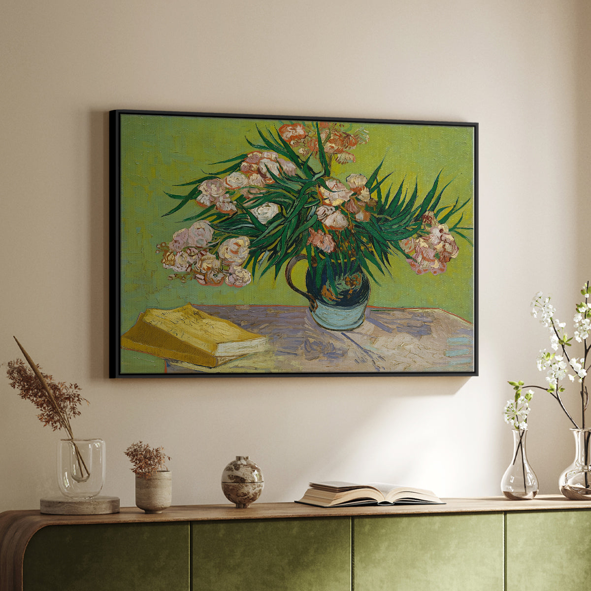 Vase with Oleanders and Books, 1888 - Floater Framed Canvas Print