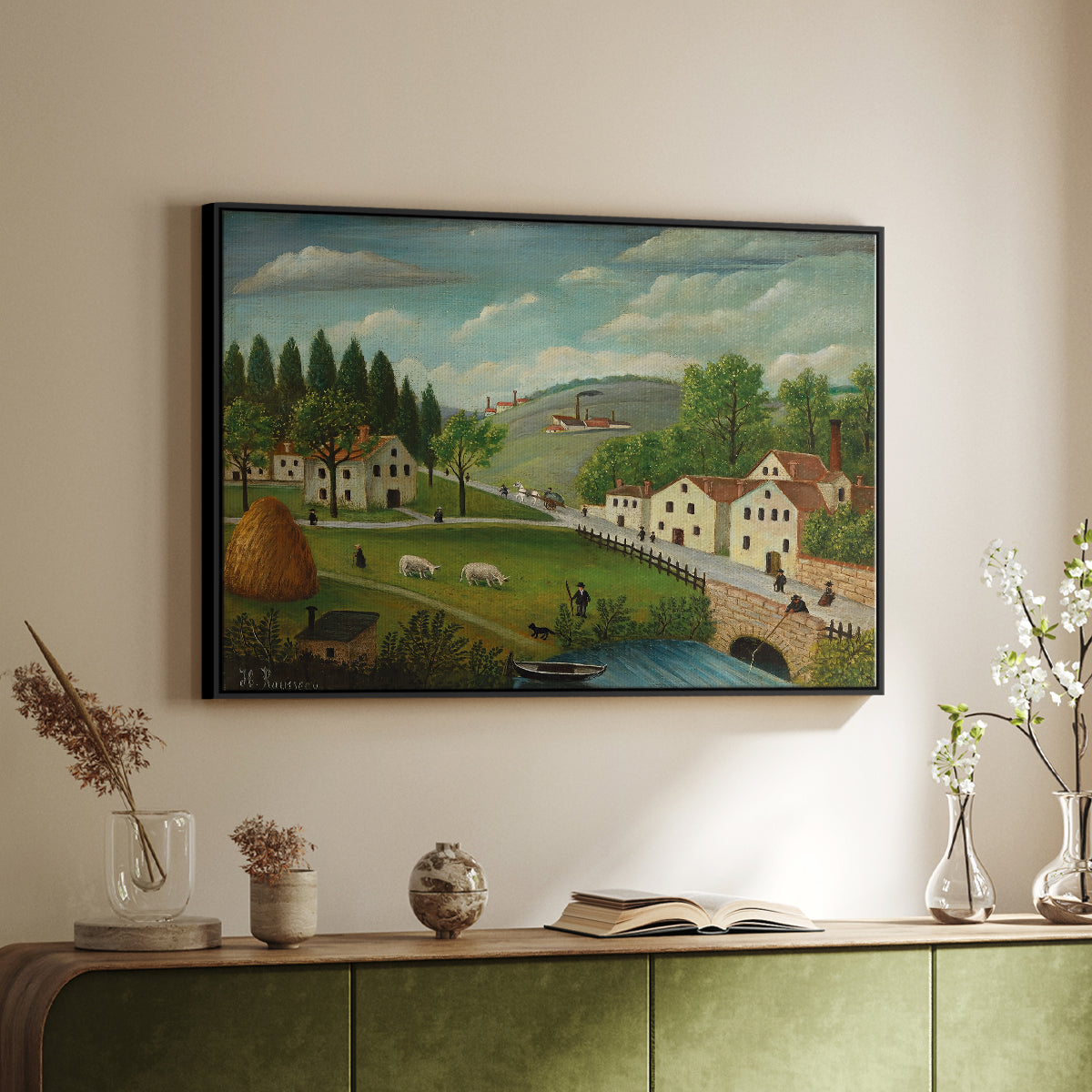 Pastoral Landscape with Stream, Fisherman and Strollers, 1875-1880 - Floater Framed Canvas Print