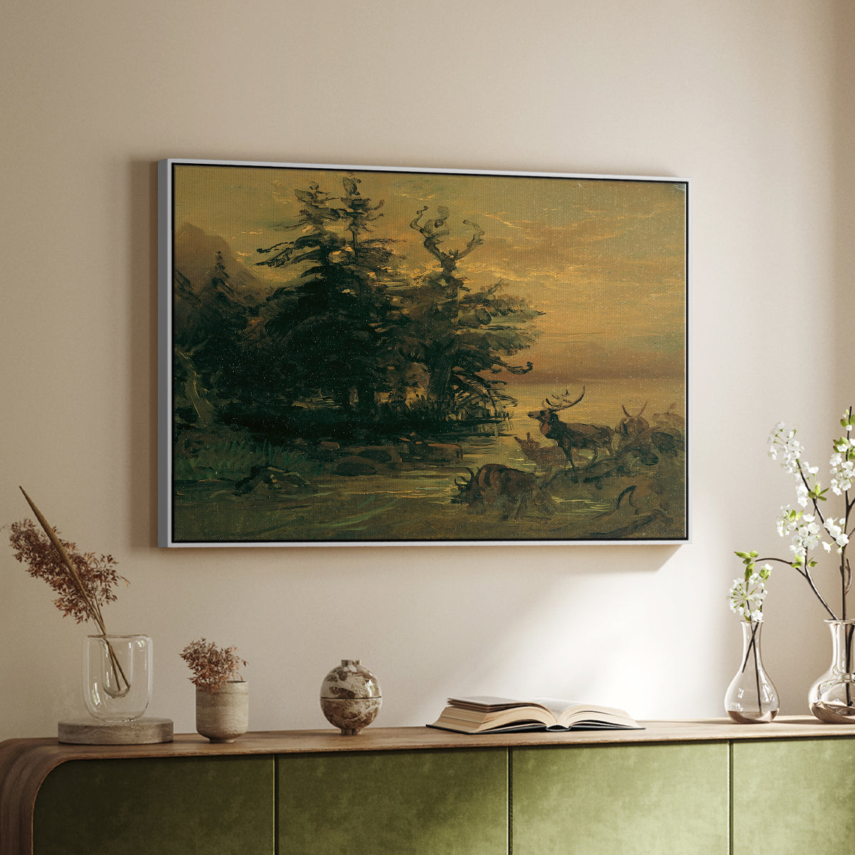 Wallowing Deer on the Shore of a Mountain Lake, c. 1850 - Floater Framed Canvas Print