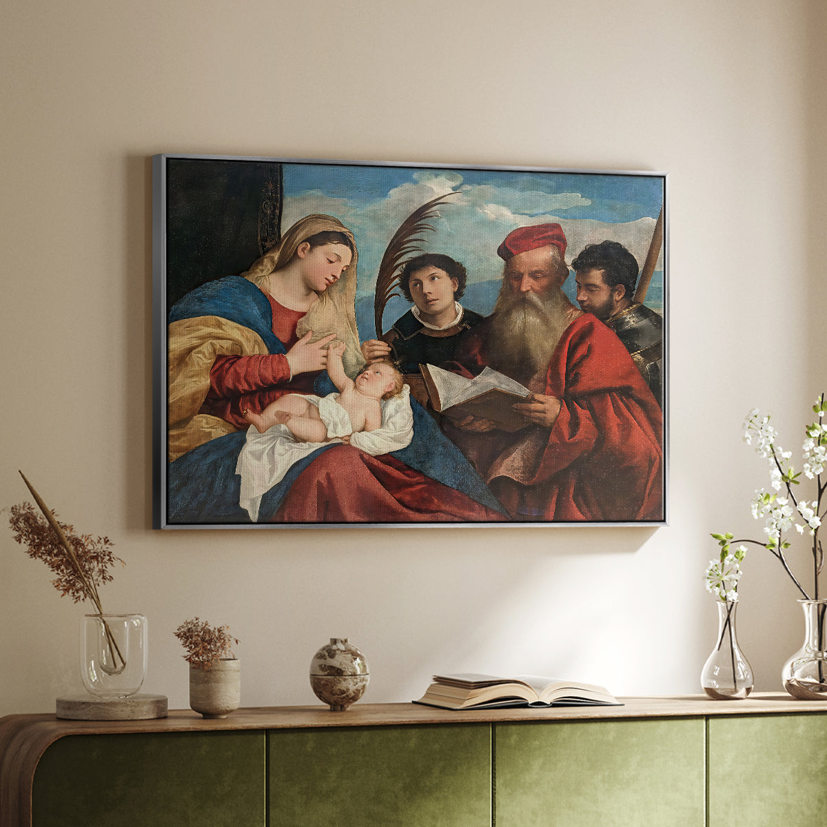 Mary and Child with Saints Stephen, Jerome and Maurice, c. 1510 - Floater Framed Canvas Print