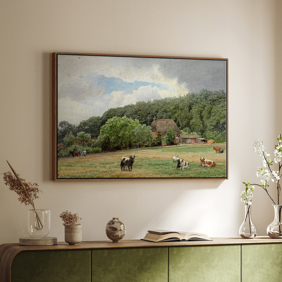 Farm with Grazing Cows (Bondegård med beitende kuer), 1892 - Floater Framed Canvas Print
