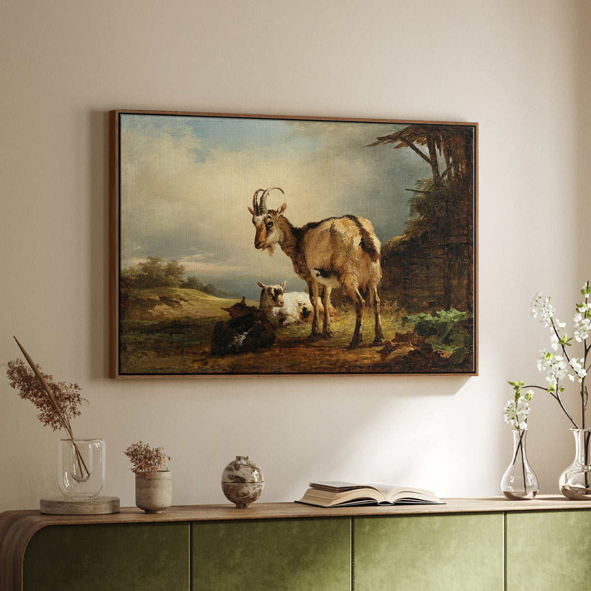 A Goat with Two Kids - Floater Framed Canvas Print