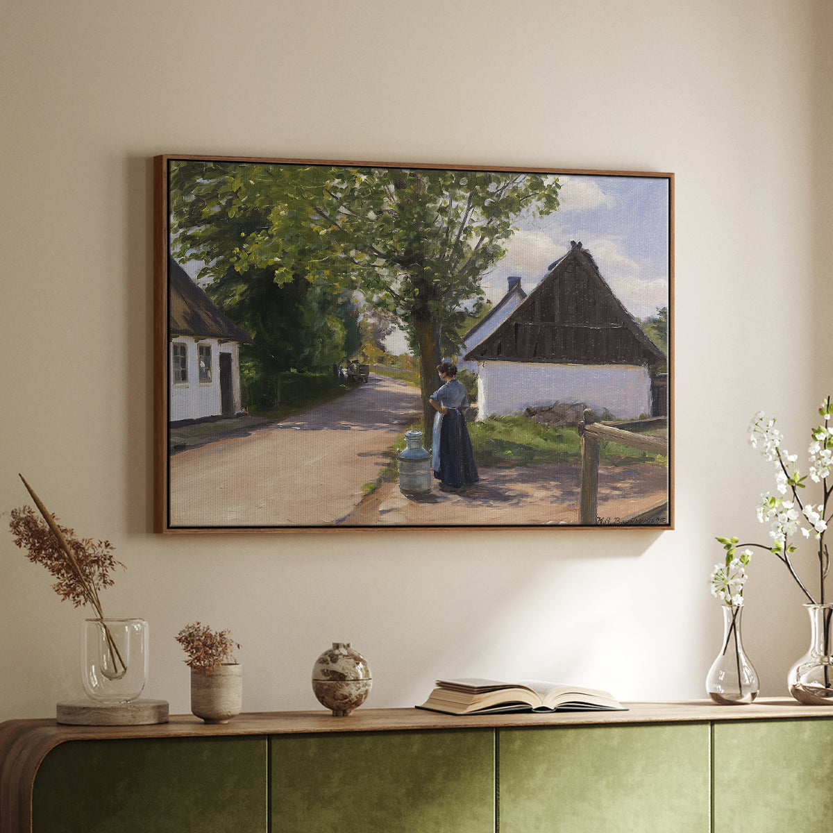 Danish Village Street with Woman and Milkman, 1880 - Floater Framed Canvas Print