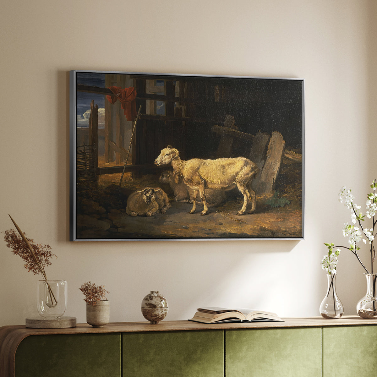 Sheep in a Stable, 1810 - Floater Framed Canvas Print