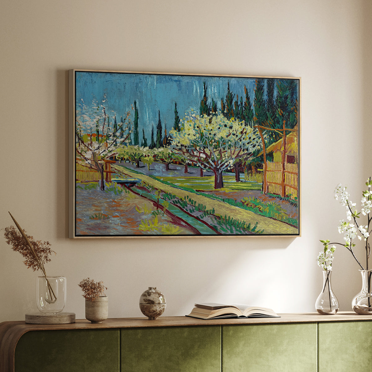Orchard in Blossom, Bordered by Cypresses, 1888 - Floater Framed Canvas Print
