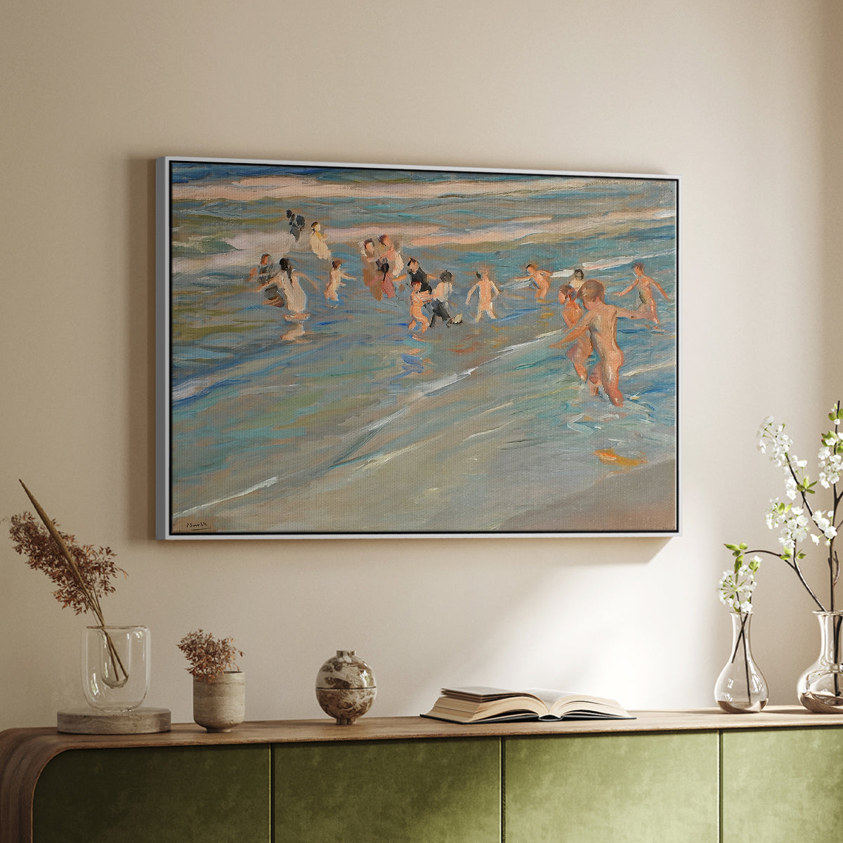 Children Playing on the Beach in Valencia, c. 1908 - Floater Framed Canvas Print
