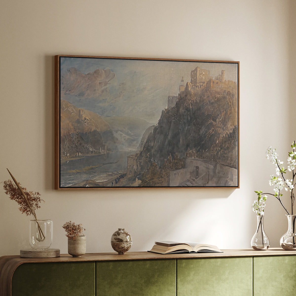 Rheinfels Looking to Katz and Gourhausen, 1817 - Floater Framed Canvas Print