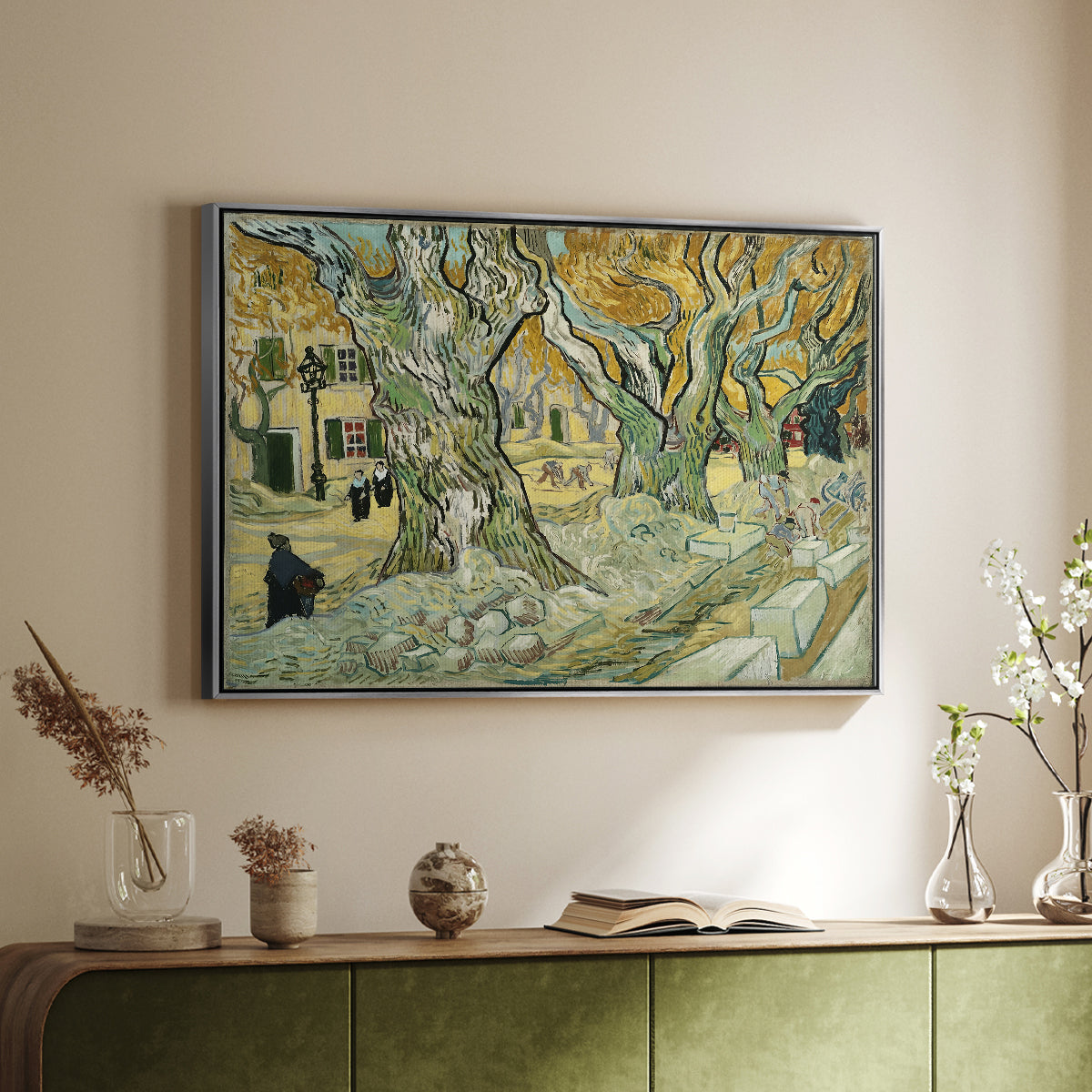 The Large Plane Trees (Road Menders at Saint-Rémy), 1889 - Floater Framed Canvas Print