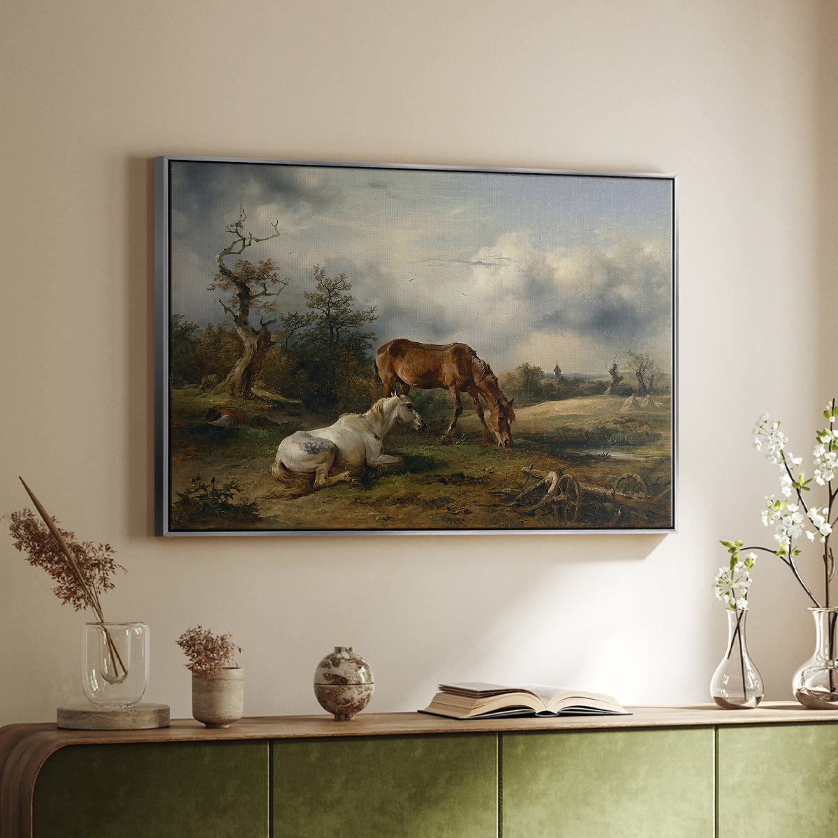 Two Horses on the Pasture, c. 1825 - Floater Framed Canvas Print