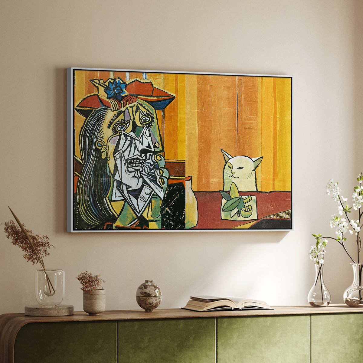 Woman Yelling at a Cat Meme (Picasso Parody) - Floater Framed Canvas Print