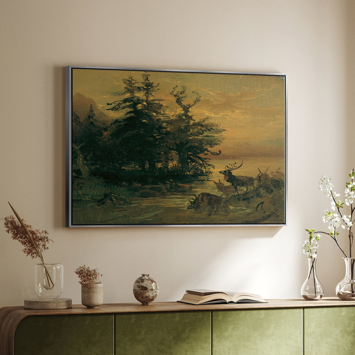 Wallowing Deer on the Shore of a Mountain Lake, c. 1850 - Floater Framed Canvas Print