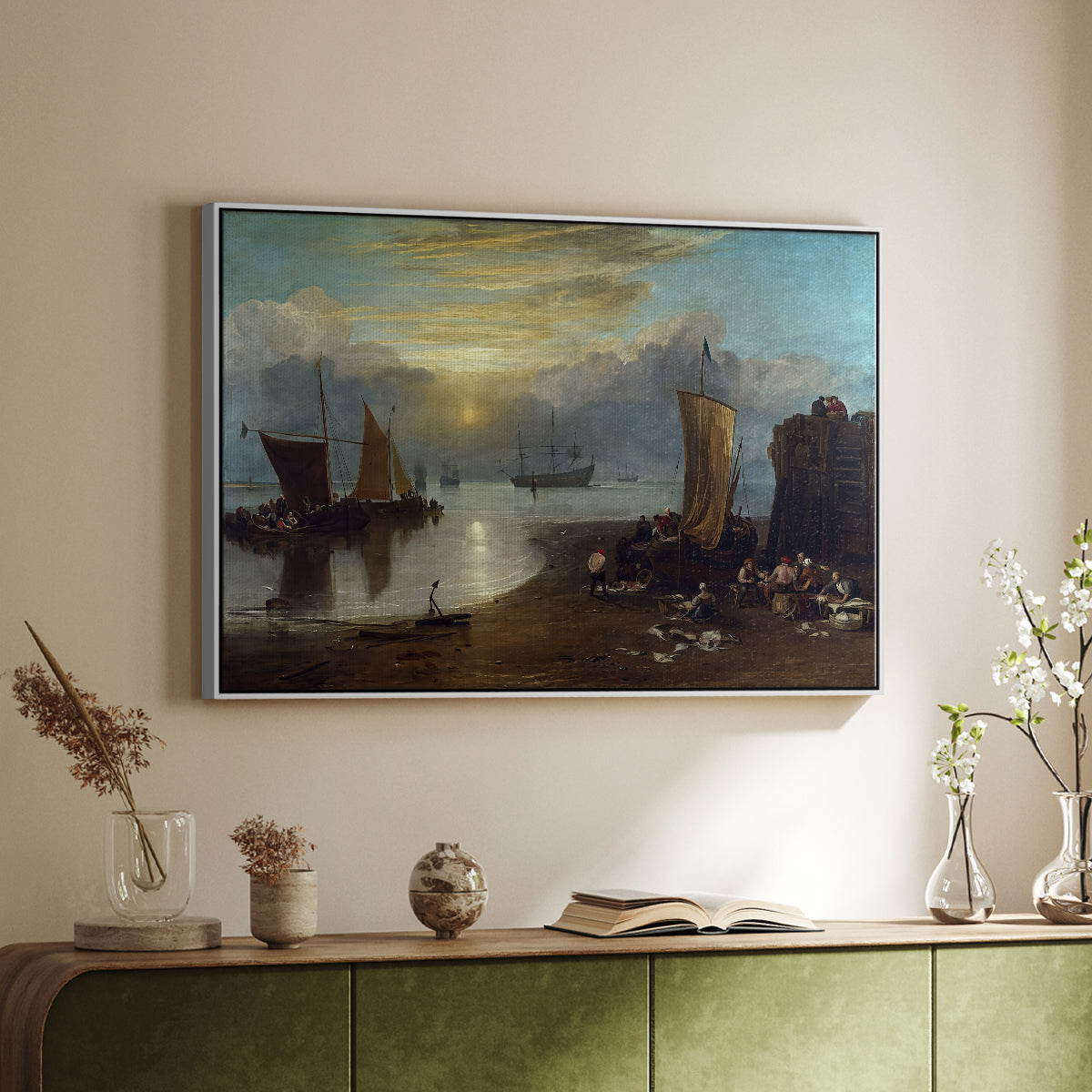 Sun Rising through Vapour: Fishermen Cleaning and Selling Fish, c. 1807 - Floater Framed Canvas Print