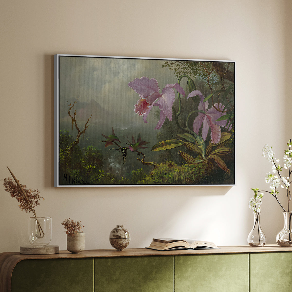 Two Sun Angel Hummingbirds on a Branch, c. 1890-1904 - Floater Framed Canvas Print