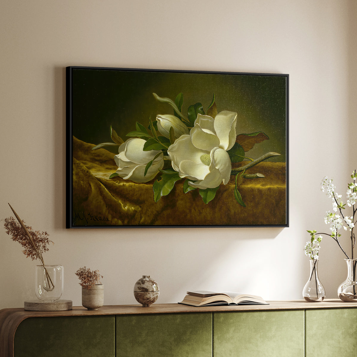 Magnolias on Gold Velvet Cloth, c. 1888-1890 - Floater Framed Canvas Print