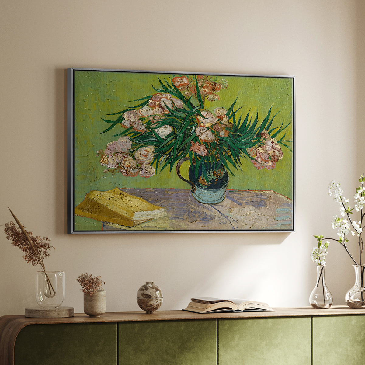Vase with Oleanders and Books, 1888 - Floater Framed Canvas Print