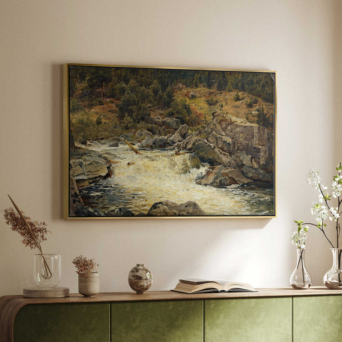 Waterfall in Hallingdal, 1848 - Floater Framed Canvas Print