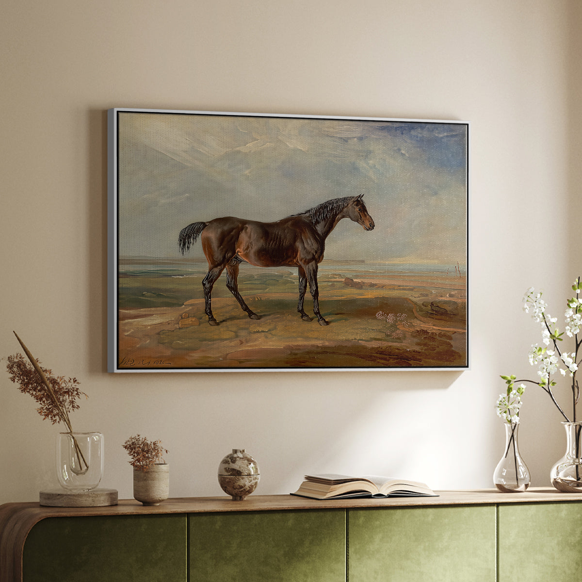 Dr. Syntax, a Bay Racehorse, Standing in a Coastal Landscape, an Estuary Beyond, c. 1820 - Floater Framed Canvas Print