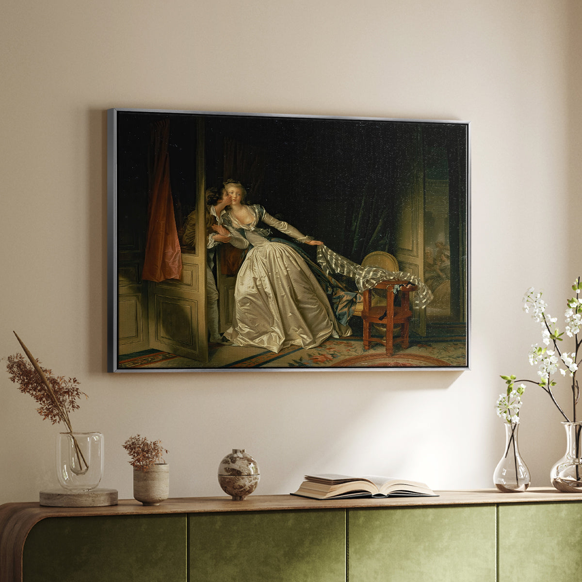The Stolen Kiss (Le Baiser à la dérobée), c. 1788 - Floater Framed Canvas Print