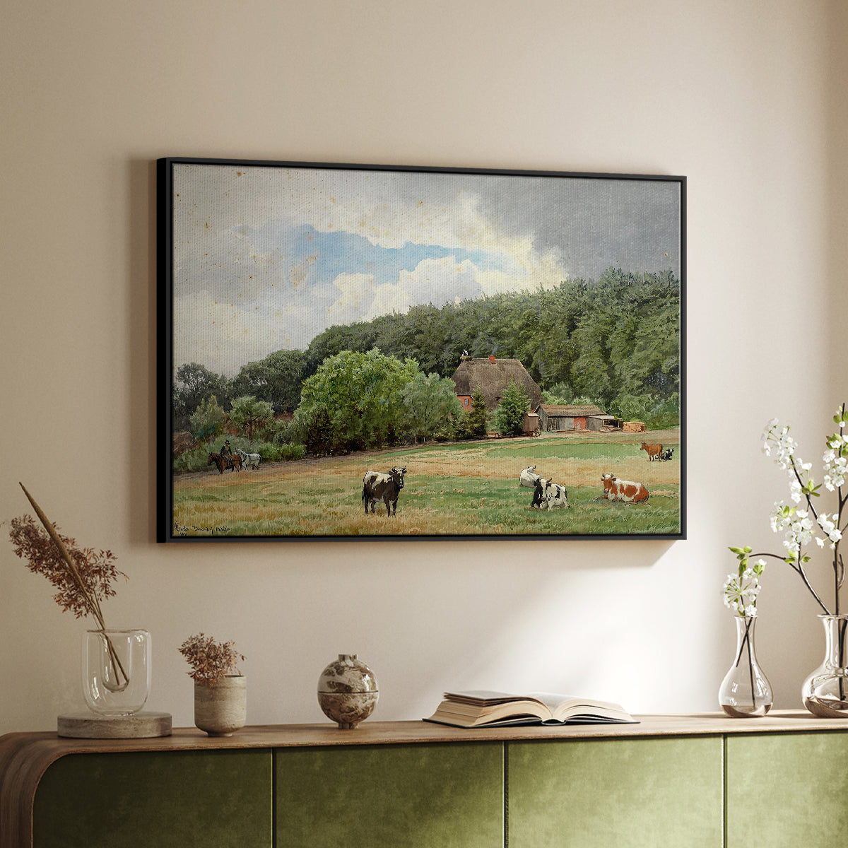 Farm with Grazing Cows (Bondegård med beitende kuer), 1892 - Floater Framed Canvas Print