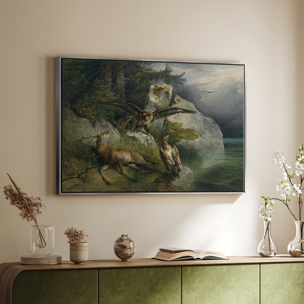 Eagles and Dying Stag on a Lakeshore, 1836 - Floater Framed Canvas Print