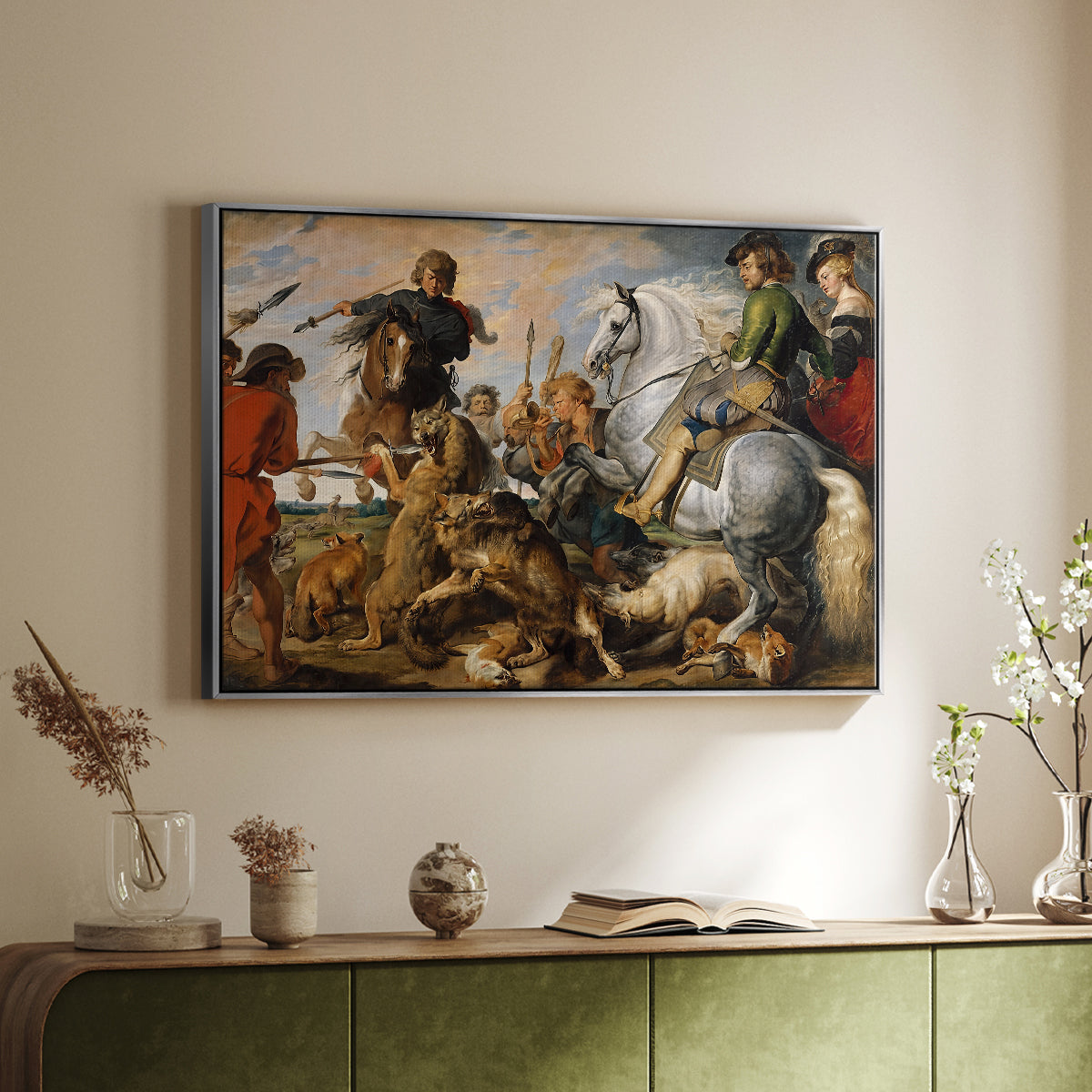 The Wolf and Fox Hunt, c. 1616 - Floater Framed Canvas Print
