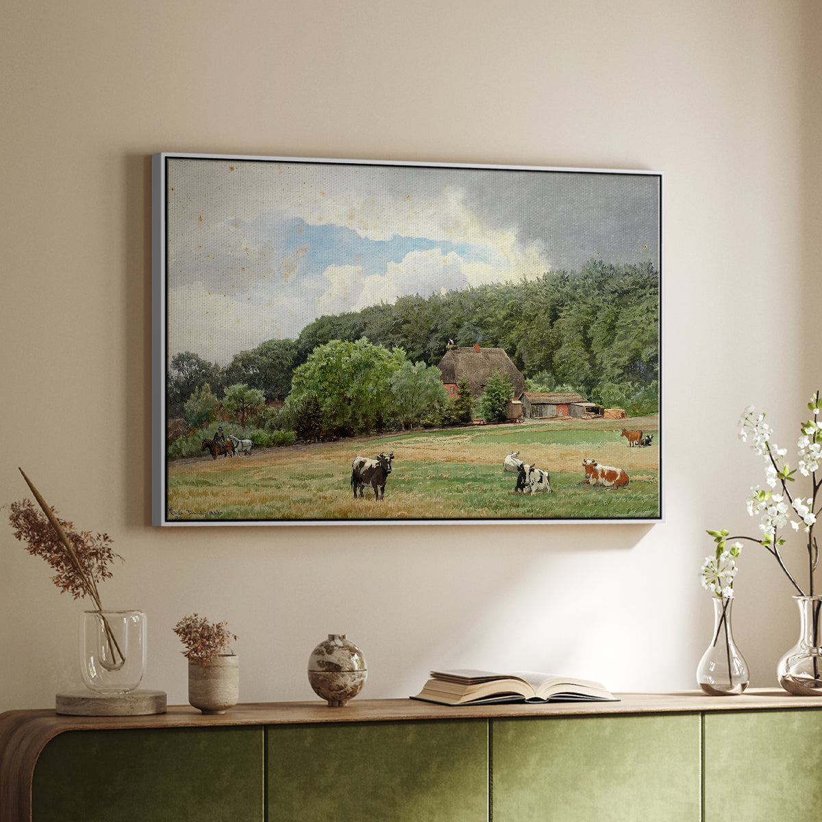 Farm with Grazing Cows (Bondegård med beitende kuer), 1892 - Floater Framed Canvas Print